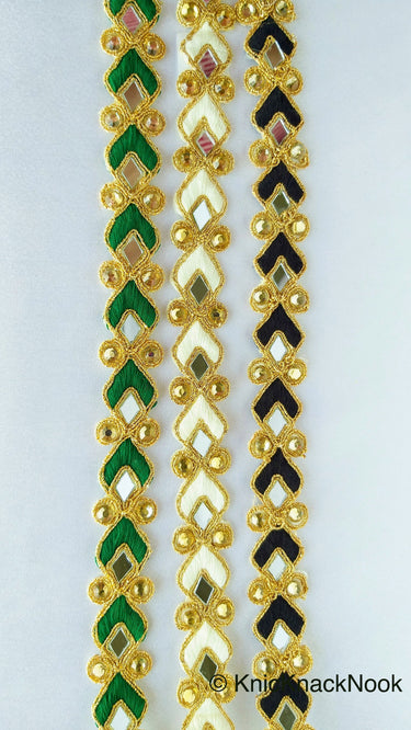 Off White And Gold Thread Lace Trim With Beads And Mirrors Embellishments Approx. 22mm, Decorative Fashion Trim Sari Border Trim by 9 Yards